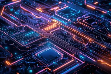 Wall Mural - neon circuitry abstract a complex circuit board design with neon blue lines and dots, symbolizing cu