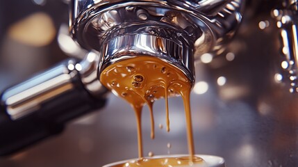 A close-up of an espresso machines group head, with freshly brewed espresso dripping into a cup below.