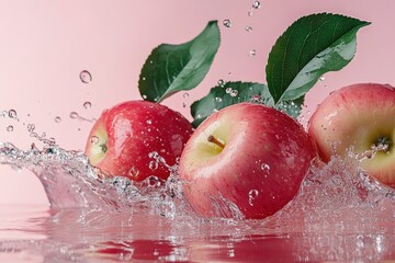 Wall Mural - Juicy red apples with vibrant green leaves making a splash in water, creating a dynamic and refreshing scene on a pink background with generative ai