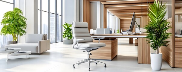 Poster - Modern Office Interior with White Chair and Desk.