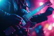 © MUdaylah - Man playing electric guitar in night club. Music festival and concert concept. Guitarist playing an electric guitar in a recording studio, music concept. with generative ai