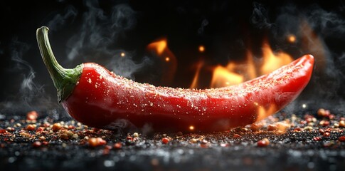 Delicious smoky red hot pepper isolated on dark background. Bright red hot chili pepper covered in water droplets with smoke curling around it and flames behind it. Flaming red hot pepper.