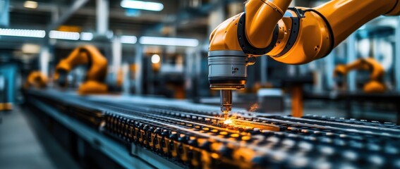 Robot arms in auto manufacturing production line, futuristic technology concept