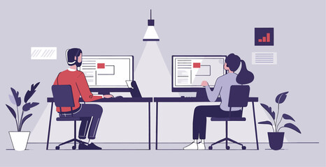 Two web developers working in office. Co working concept. Minimalist illustration banner