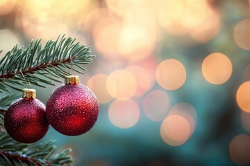 Wall Mural - Merry Christmas and Happy New Year. Festive bright beautiful background. Christmas decorations on a spruce branch with colorful bokeh background with generative ai