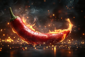 Wall Mural - Delicious smoky red hot pepper isolated on dark background. Bright red hot chili pepper covered in water droplets with smoke curling around it and flames behind it. Flaming red hot pepper.