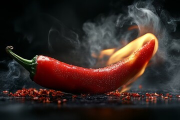 Wall Mural - Delicious smoky red hot pepper isolated on dark background. Bright red hot chili pepper covered in water droplets with smoke curling around it and flames behind it. Flaming red hot pepper.