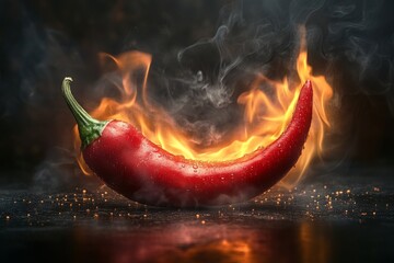 Wall Mural - Delicious smoky red hot pepper isolated on dark background. Bright red hot chili pepper covered in water droplets with smoke curling around it and flames behind it. Flaming red hot pepper.