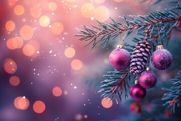 Wall Mural - Merry Christmas and Happy New Year. Festive bright beautiful background. Christmas decorations on a spruce branch with colorful bokeh background with generative ai