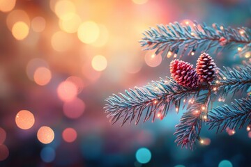 Wall Mural - Merry Christmas and Happy New Year. Festive bright beautiful background. Christmas decorations on a spruce branch with colorful bokeh background with generative ai