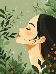 Wall Mural - illustration of a woman amongst green leaves smelling the the soothing and pleasant scent of a herbal plant