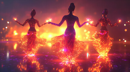 Wall Mural - 3D Cultural Performance in Glowing Abstract Art: Captivating Dance Depicted with Sparklers & Rangoli Patterns on Isolated White Background