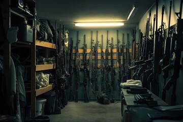 Multiple firearms neatly arranged on a wall in a dimly lit storage area, showcasing a collection of weapons