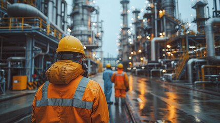 Wall Mural - Worker uniform industrial plant, makes survey, checking equipment against background