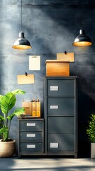 Poster - Industrial Office Interior with Metal Cabinets and Hanging Lights.