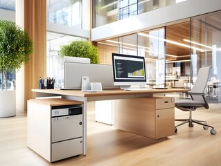 Poster - Modern Office Workspace with Desk, Computers, and Chair.