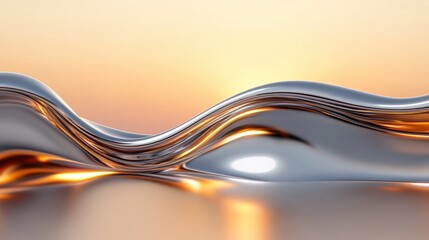 Fluid metallic wave with silver and copper tones at sunset