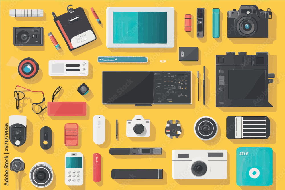 Flat design vector illustration of various digital tools and gadgets ...