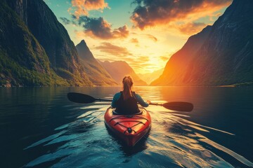 Woman kayaking on a lake with green mountains, nature landscape, summer activity