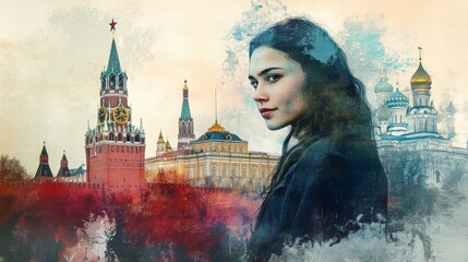 Serene Russian Beauty: Young Woman with Kremlin Silhouette in Watercolor Style, Vibrant Deep Red and Blue Tones on White Background