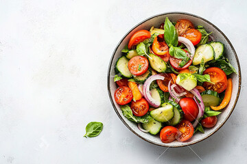 Bowl with delicious vegetable salad on white background, top view, copy space for text