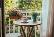 © schmidt - The terrace of a small apartment in the summer with flowers and a coffee table looks bright and cheerful