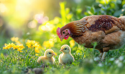 Hen And Chick. Hen and chicken outdoors eating on a green grass in the sun. hen agrarian poultry chick . Organic poultry farm. nature farming. Free range chickens. 