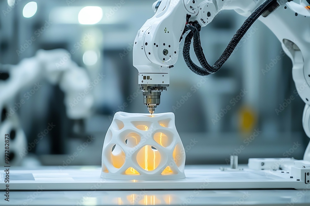 Robot performing a quality control scan on a 3D-printed object ...