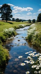 Canvas Print - Serene stream in a lush green field