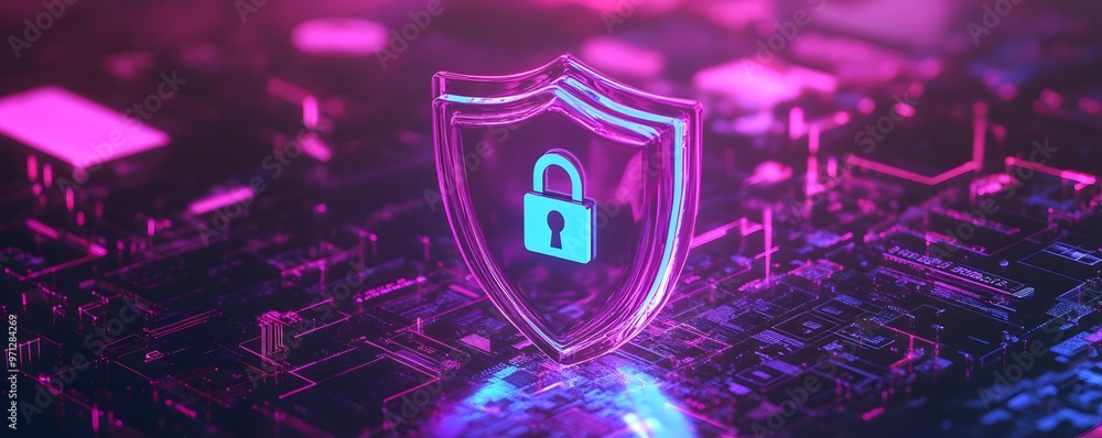 Futuristic digital shield with a lock symbol representing cybersecurity ...