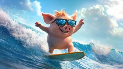 A pig cartoon character surfing on a wave, with a cool pair of sunglasses and a tropical ocean in the background.