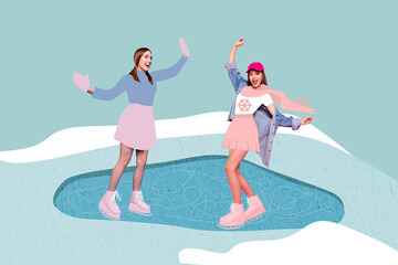 Composite photo collage of two happy girls skate snow ice figure skating winter park puddle fun isolated on painted background