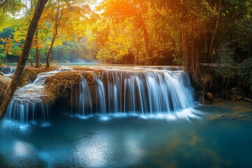 Panoramic beautiful deep forest waterfall in Thailand