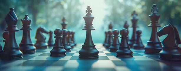 Close-up of chess pieces on an outdoor chessboard, highlighting strategy and intellectual challenge