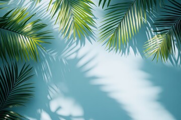 Beautiful palm leaves on a blue background, with a shadow effect. Background, banner, wallpaper