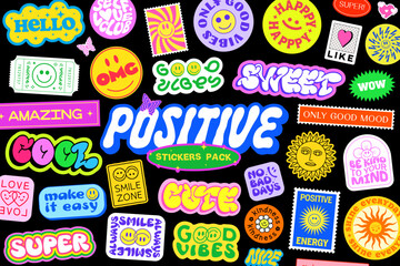 Poster - Cool Pop Art Stickers Pack Vector Design. Positive Groovy Patches Set. Collection Of Trendy Smile Badges.