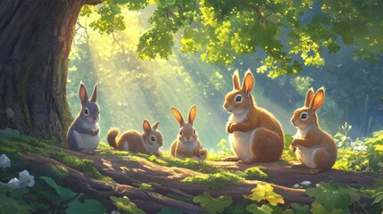 Poster - A group of rabbits sitting under a tree