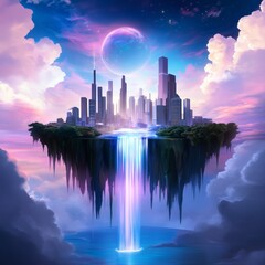 Wall Mural - Floating Cityscape with Waterfall and Pink Moon in Fantasy Sky