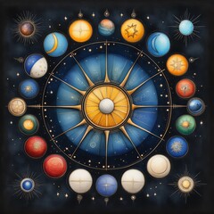 Wall Mural - Celestial Wheel of Stars  Moon Phases  and Planets