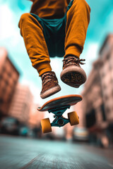 Dynamic skateboarding action captured mid trick, showcasing urban youth culture and extreme sports. Vibrant yellow against turquoise sky emphasizes motion and energy in city environment.