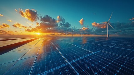 Solar panels and wind turbines at sunset, reflecting the sky.