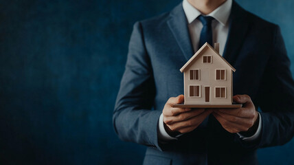 Wall Mural - A real estate agent holds a house model on a dark blue background