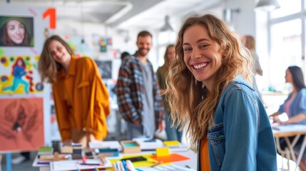 Wall Mural - collaborative office environment with smiling team members
