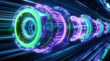 Wall Mural - Futuristic energy tunnel with vibrant neon lights and intricate circular designs, showcasing technology and motion in a digital landscape.