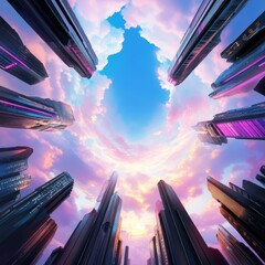 Wall Mural - Futuristic Cityscape with Pink Clouds and Skyscrapers