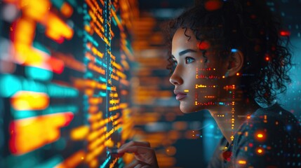 Female tech expert coding breakthrough software programs