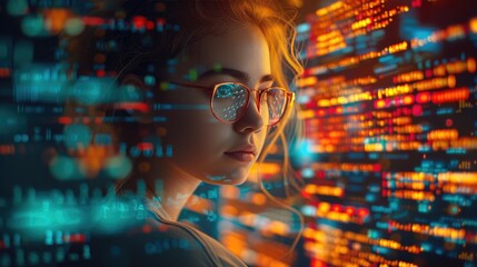 Skilled woman programmer coding with digital interfaces
