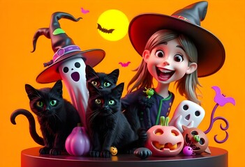 Cartoon witch and black cats in a colorful Halloween scene