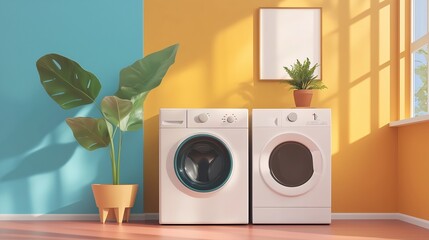 Wall Mural - Stylish laundry corner with modern washing machine and dryer in a vibrant, sunny room featuring tropical plants