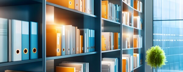 Poster - Office bookshelf with colorful folders and books.